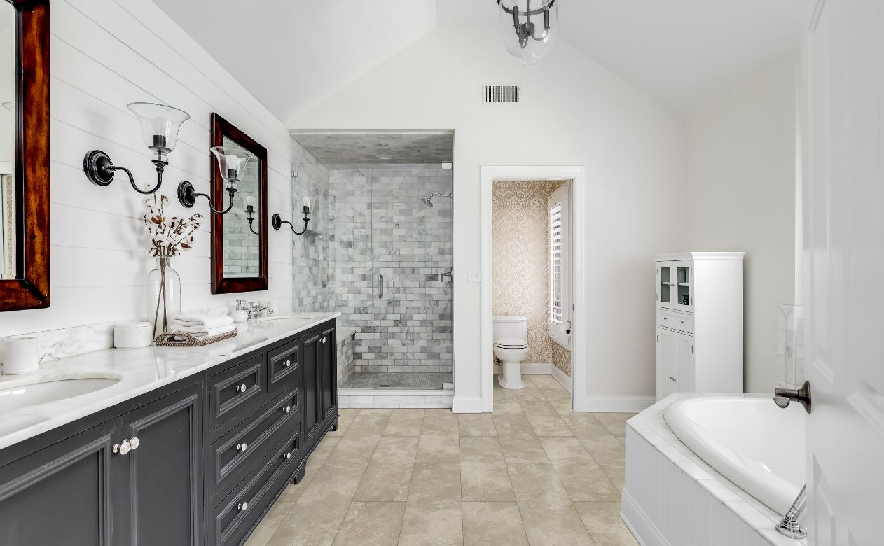 custom shower tile and bath tile floor remodel