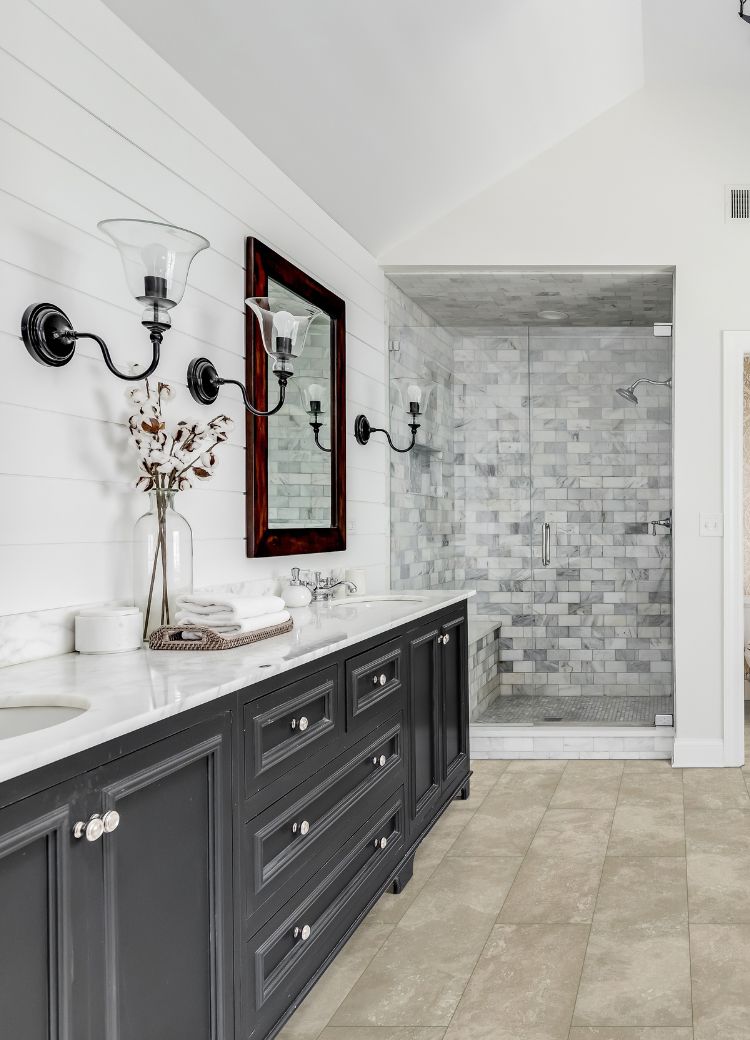 custom shower tile and bath tile floor remodel